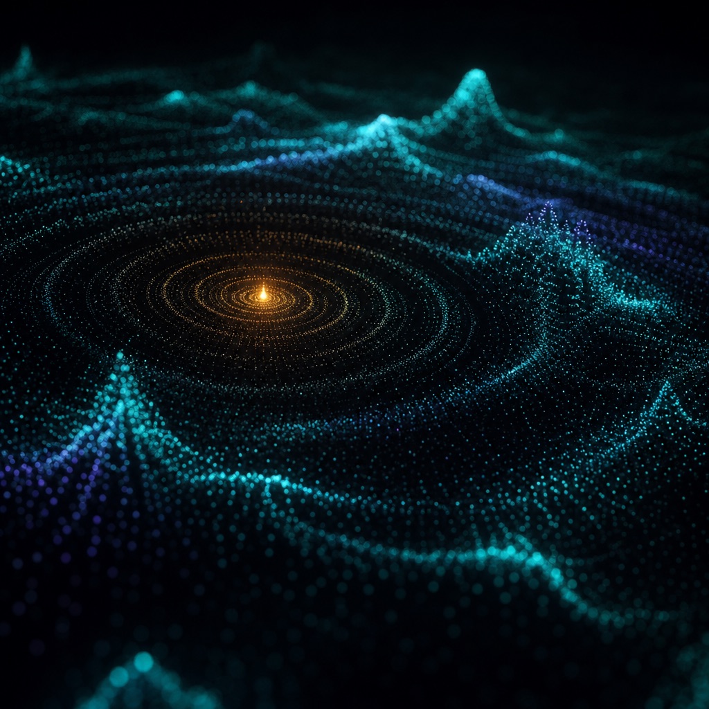 A quiet field of aqua particles with one zone flaring amber