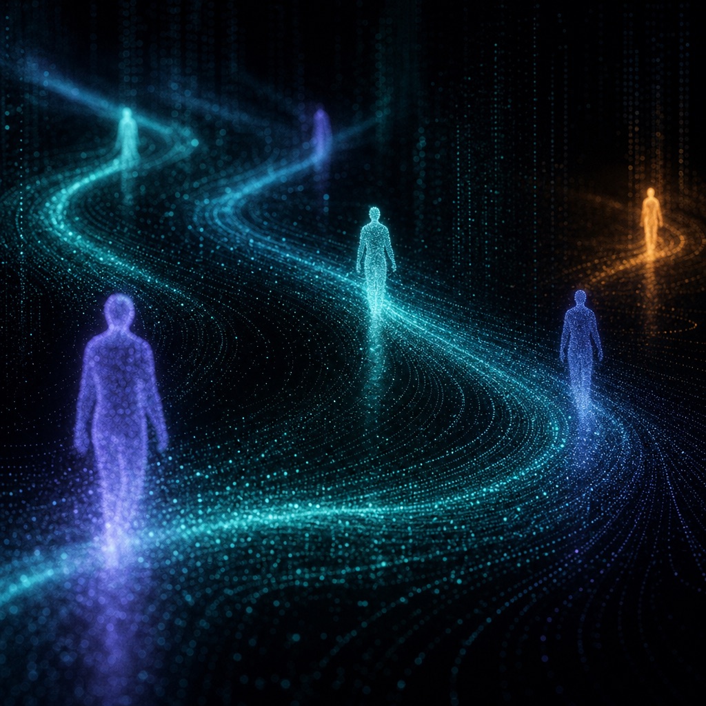 Anonymous luminous silhouettes moving through dark space, trailing data paths