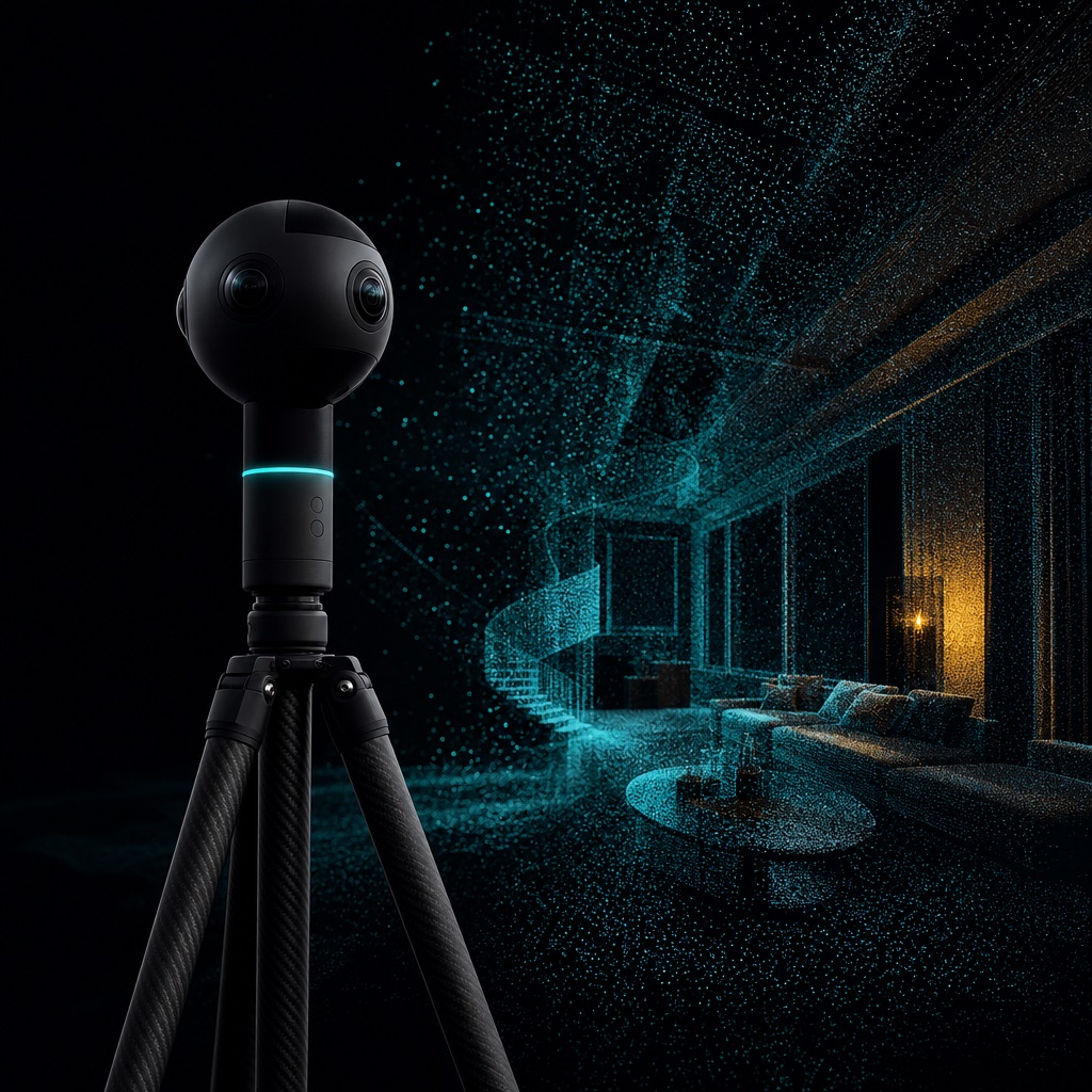 A 360-degree scanning camera on a tripod, with the room behind it dissolving into a point cloud