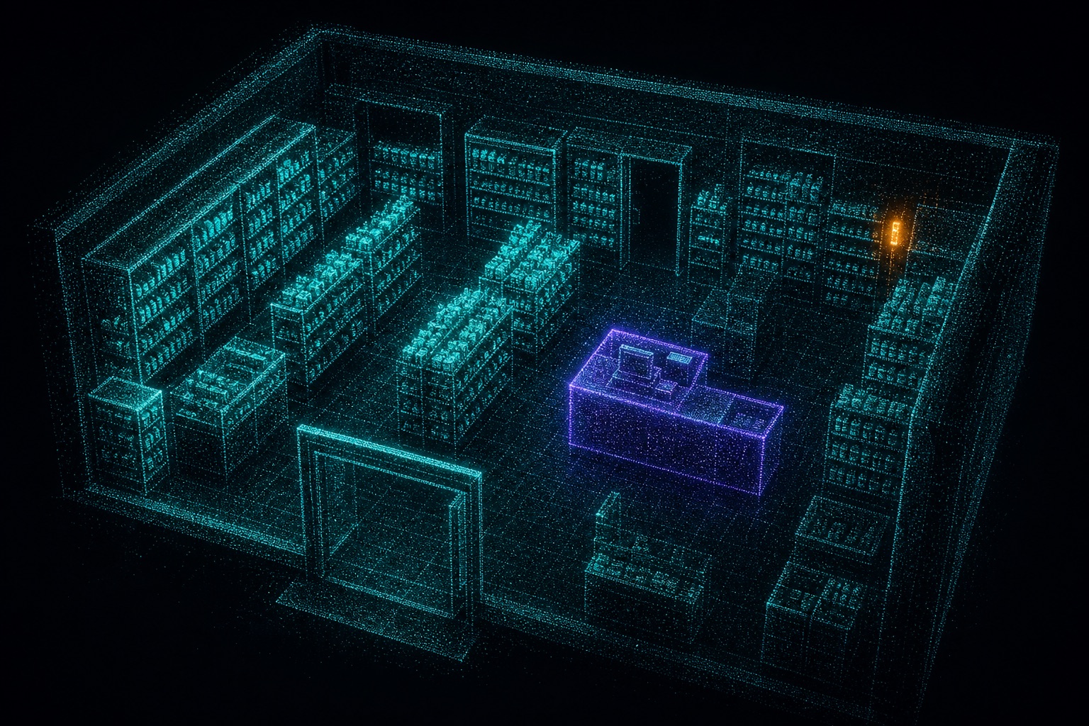 A shop interior rendered as a glowing point-cloud digital twin with one region highlighted